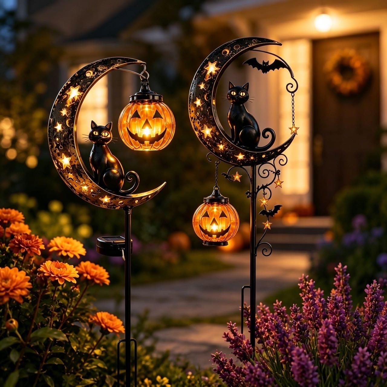 🎃Solar Halloween Black Cat & Pumpkin Moon Garden Stake Light