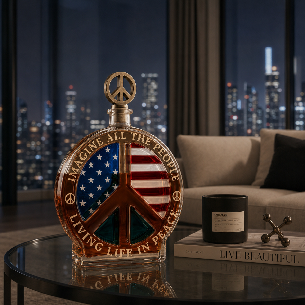 🕊️🥃Peace Sign American Flag Glass Whiskey Decanter