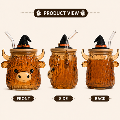 🎃 Halloween Glass Cup Collection – Highland Cow, Ghost & Pumpkin | 12oz Glass Cup with Wooden Lid & Straw