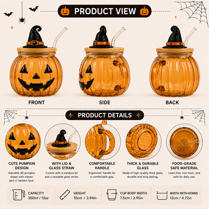 🎃 Halloween Glass Cup Collection – Highland Cow, Ghost & Pumpkin | 12oz Glass Cup with Wooden Lid & Straw