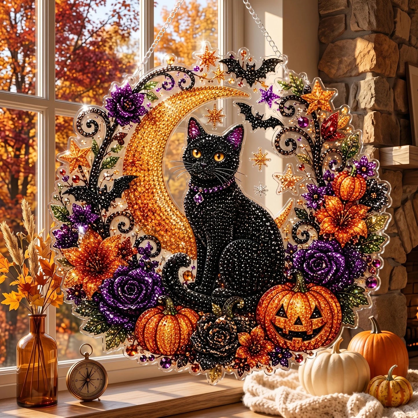 🐈🎃Halloween Moon Diamond Art Hanging Ornament – DIY Sparkling Décor Kit