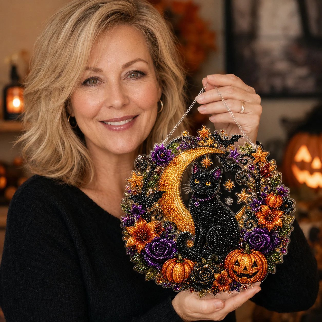 🐈🎃Halloween Moon Diamond Art Hanging Ornament – DIY Sparkling Décor Kit